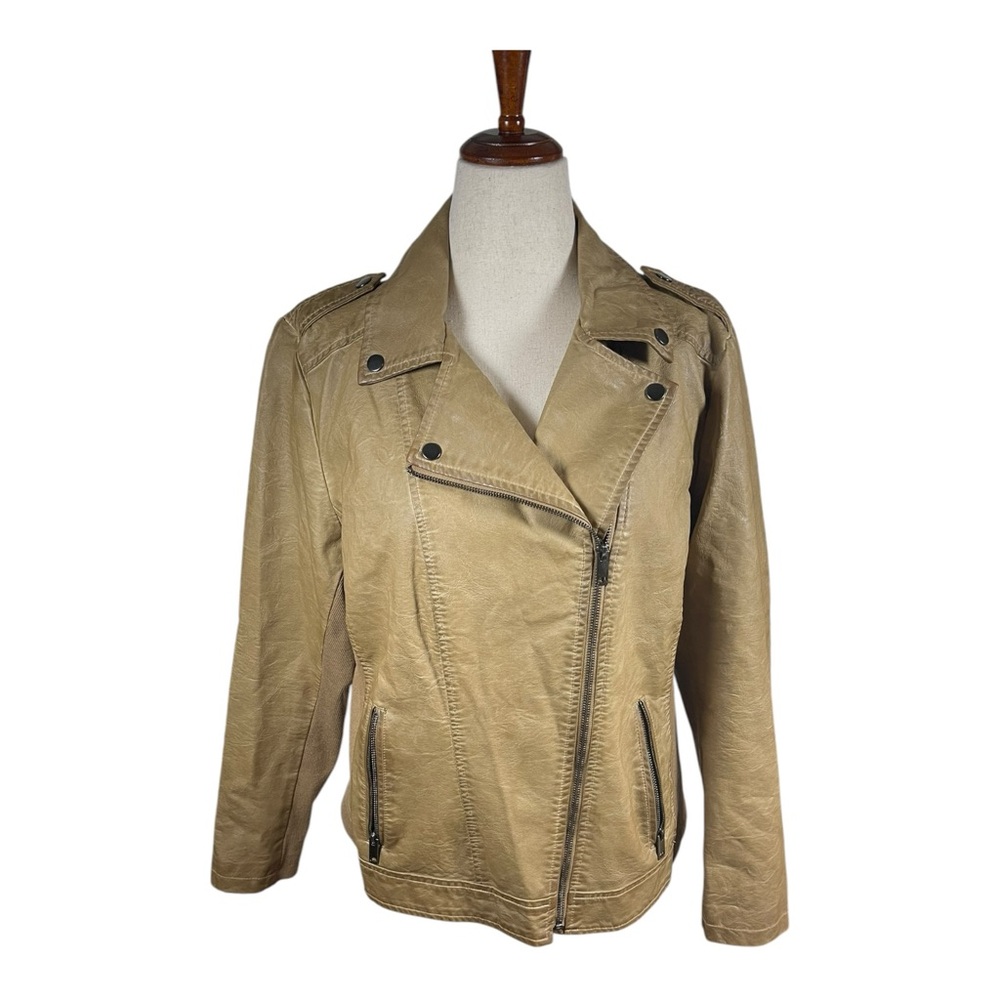 Sebby Faux Leather Moto Jacket XL Taupe Tan w/ Stretch Knit Sides
